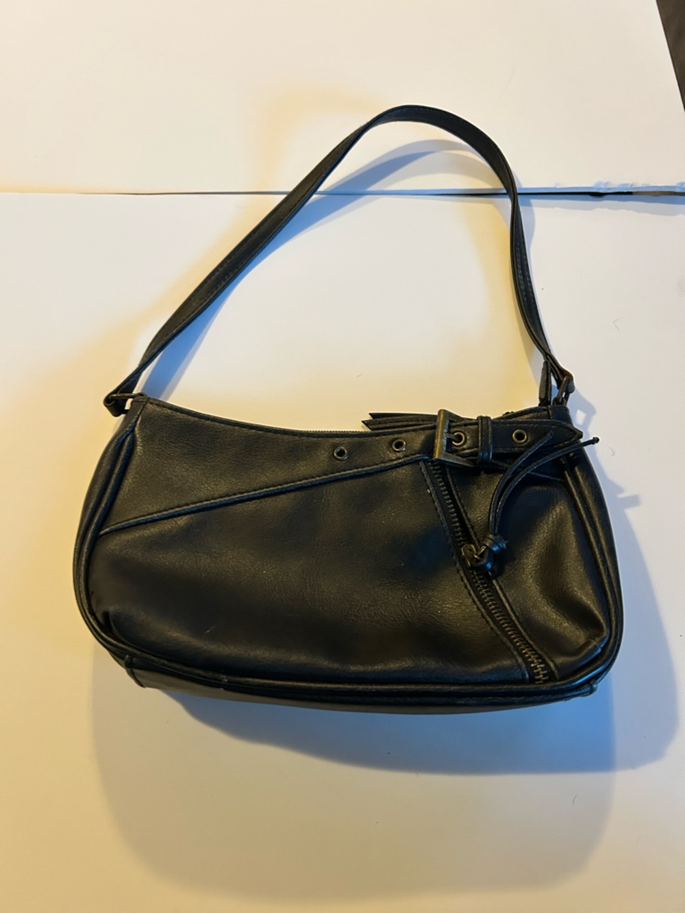 Sleek Black Vinyl Crossbody shoulder bag with faux buckle detail